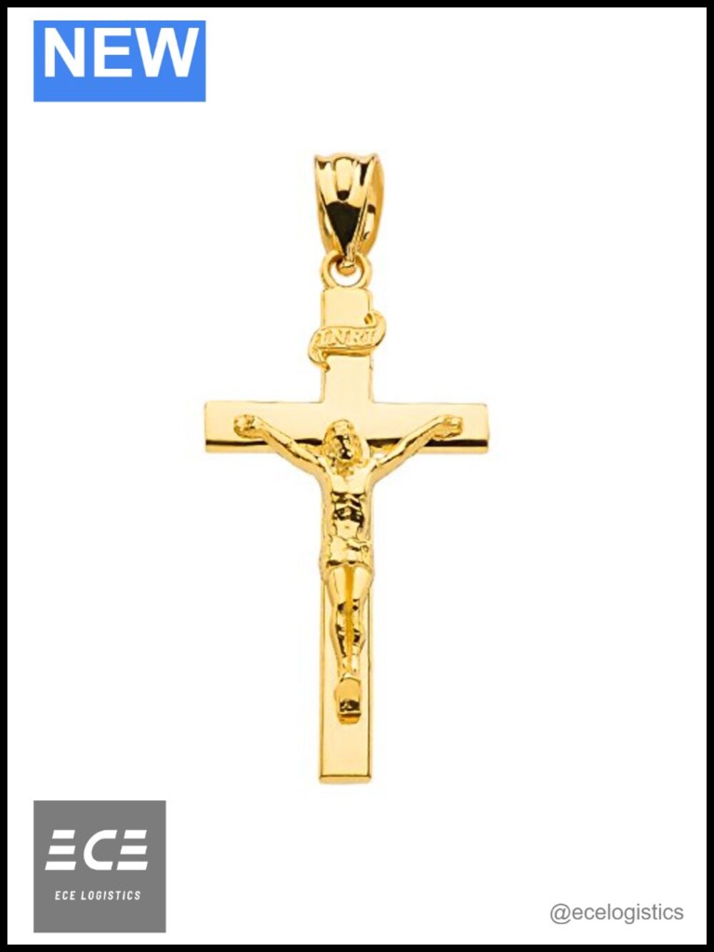 14K Yellow Gold INRI Crucifix Charm Pendant Religious Jewelry 1.15"